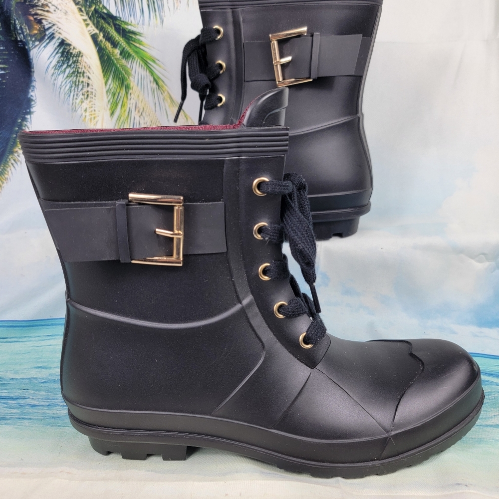 Tommy Hilfiger Rain Boots  Navy Blue Lace Up Rubber Womens 10